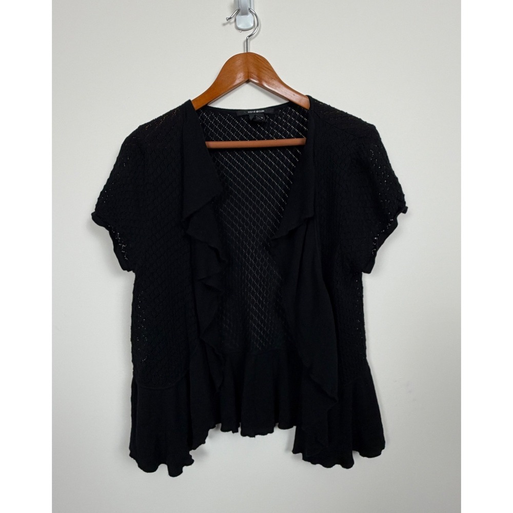 89th & Madison Cardigan Women XL Black Cotton Open Knit Ruffle Short Sleeve